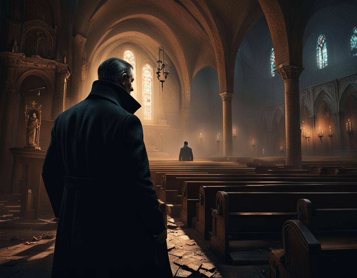 Mafia Figure in Abandoned Church, Cinematic Concept Art