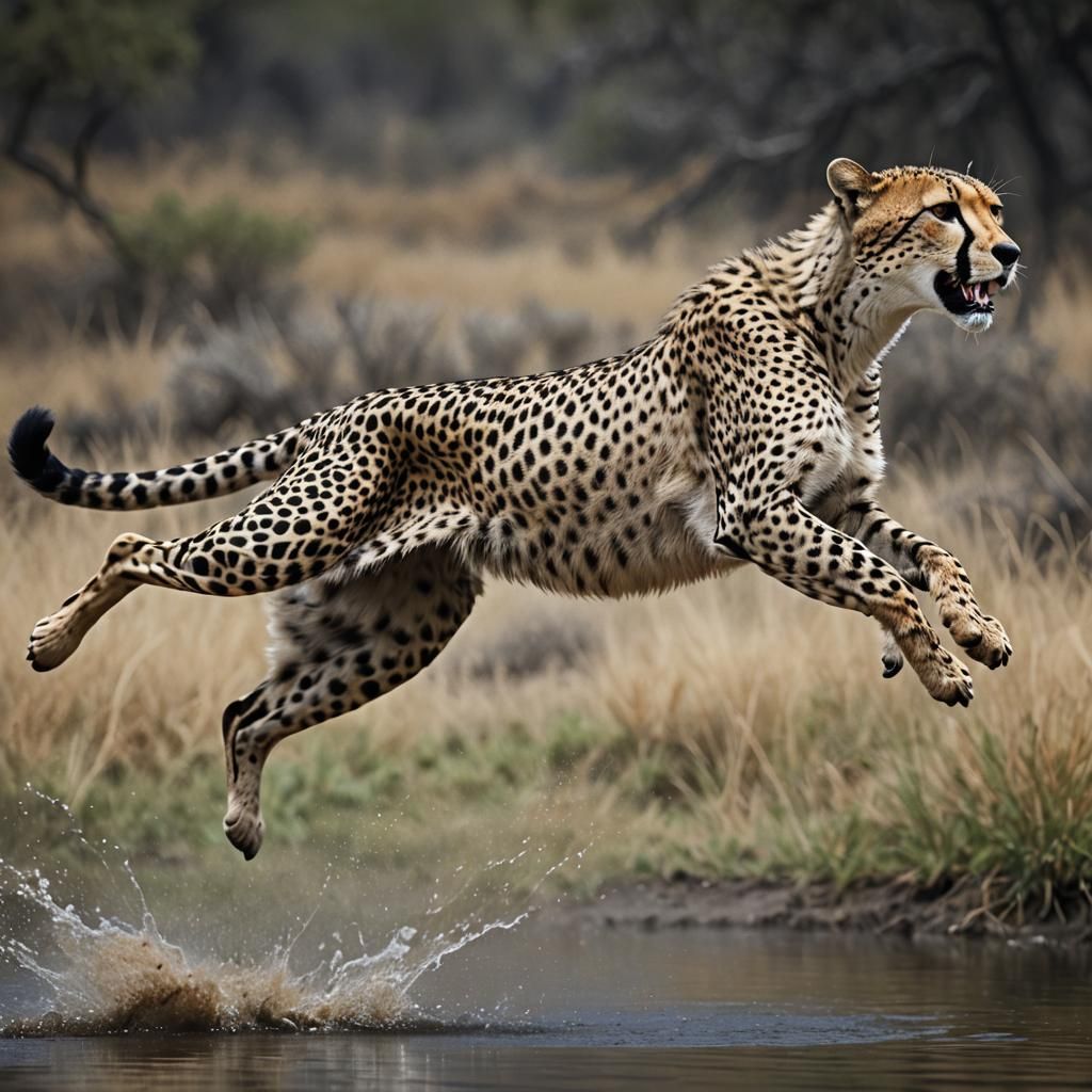 Cheetah in Full Sprint with Mirrored Reflection