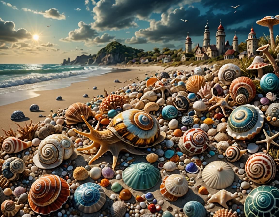 Surreal Shore Landscape with Exotic Sea Creatures