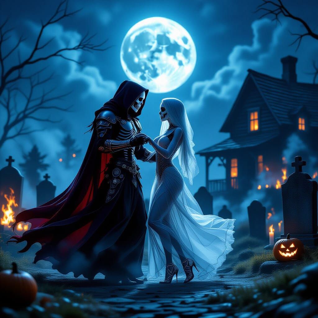 Skeletal Reapers Dance in Moonlight Cemetery