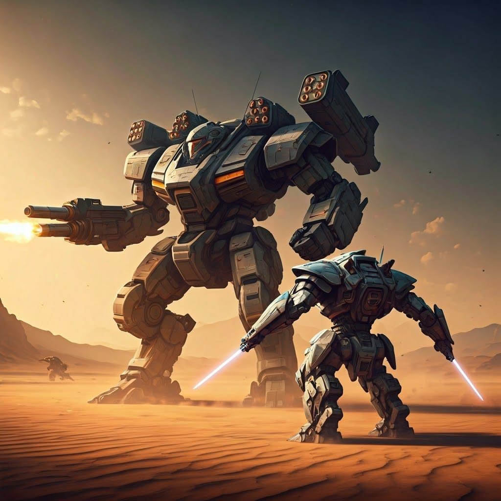 Epic Mecha Battle in Desert Landscape