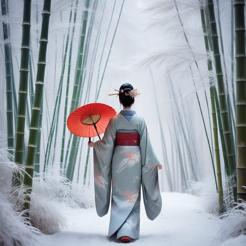 Geisha in Snowy Bamboo Forest: Neo-Impressionist Style