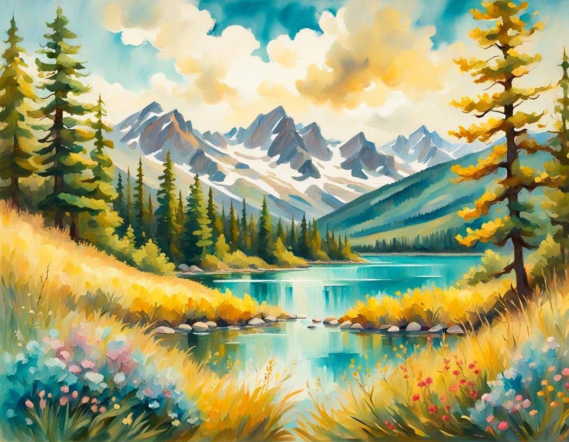 Alpine Lake Impressionist Painting with Gouache Textures