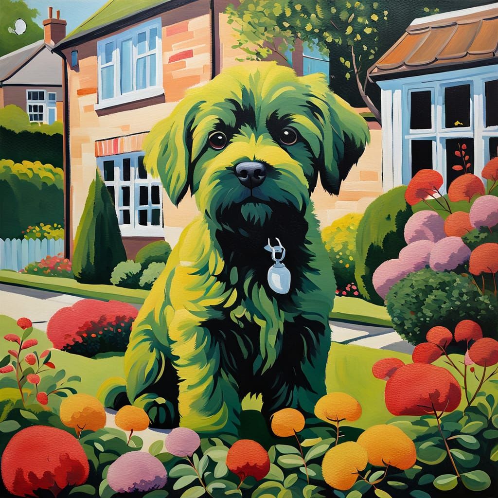 Buxus Dog Topiary: Oil Painting in British Garden