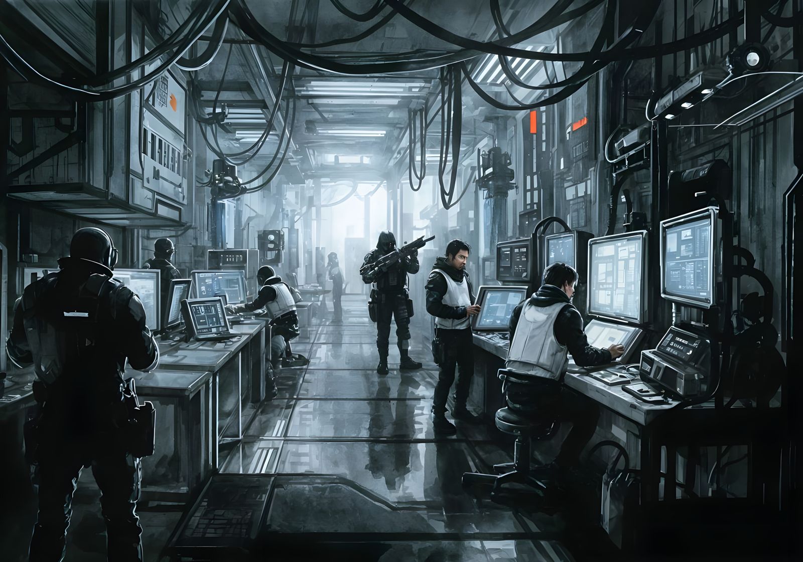 Cyberpunk Laboratory Scene in Ink Drawing