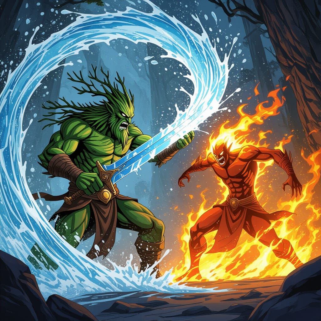 Treant Wields Water Sword Against Fire Djinn in Combat