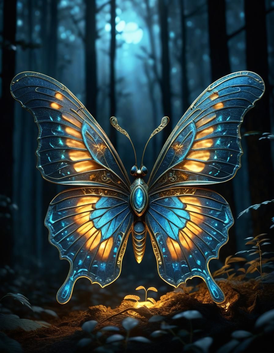 Luminescent Hellfire Butterfly Illuminates Dark Forest in 3D