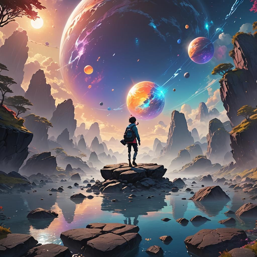 Anime Art: Person on Floating Rocks with Planet