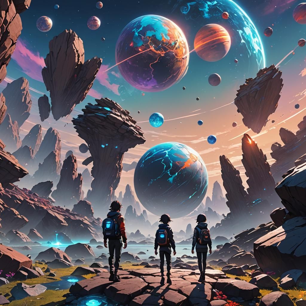 Anime Figure on Floating Rocks with Planet