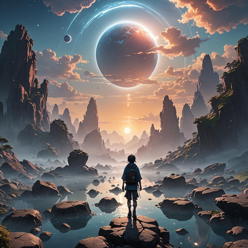 Mystical Anime Scene: Person on Floating Rocks