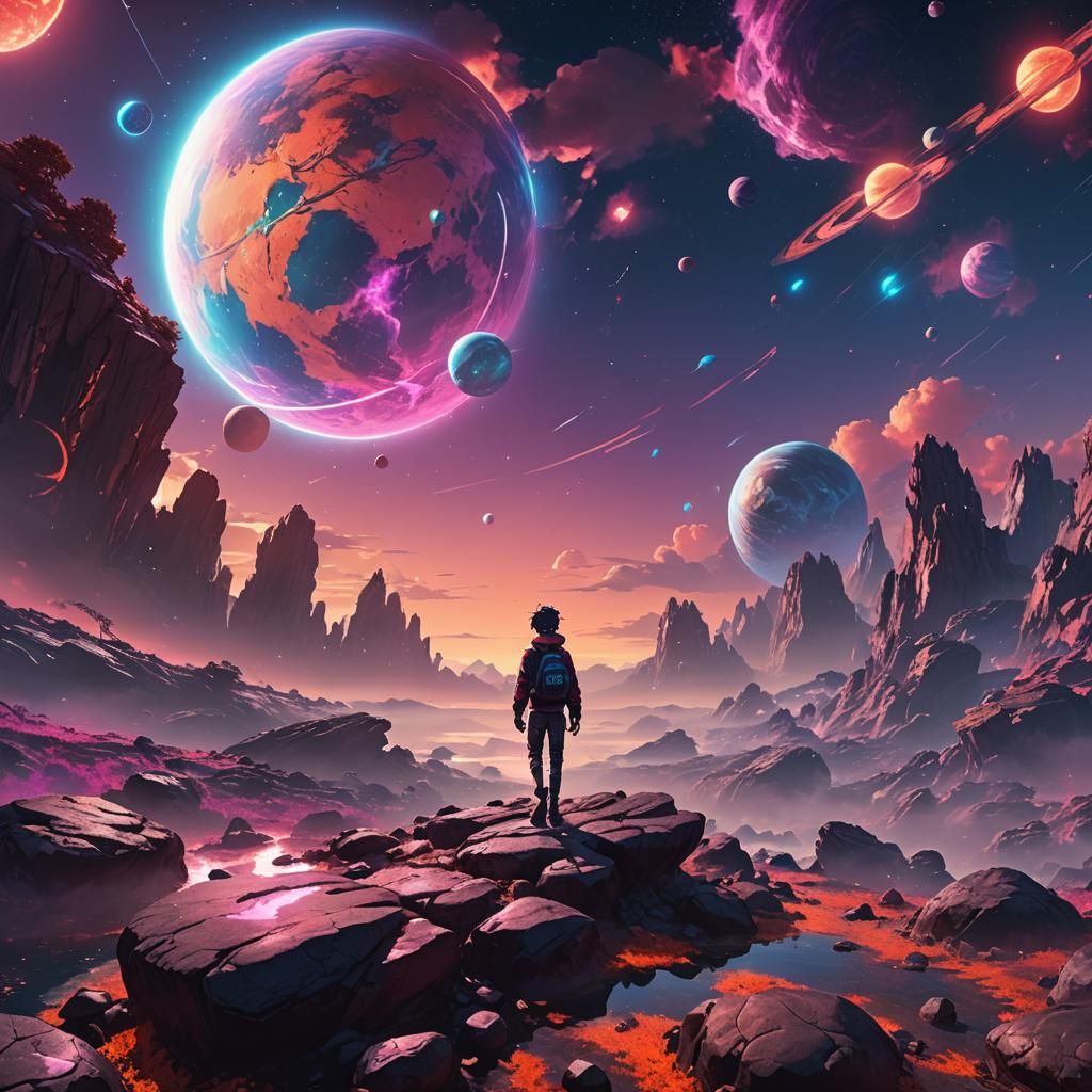 Anime Art: Person on Floating Rocks with Planet