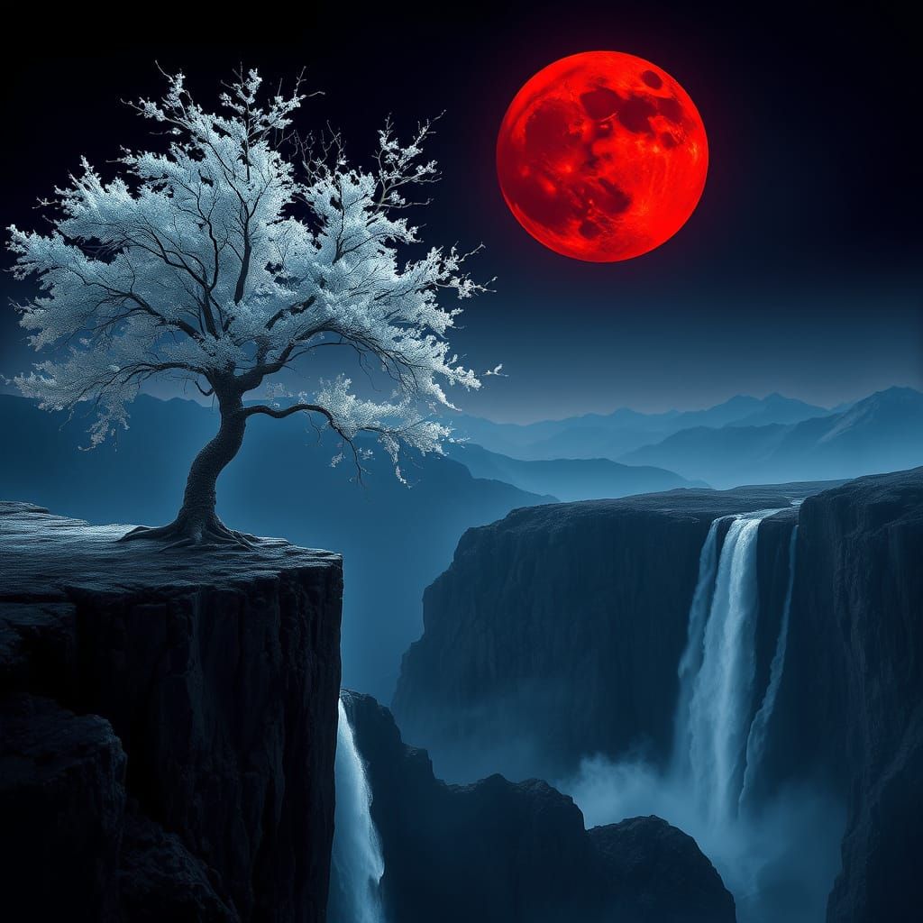 White Tree on Cliff Under Red Moon, Digital Painting