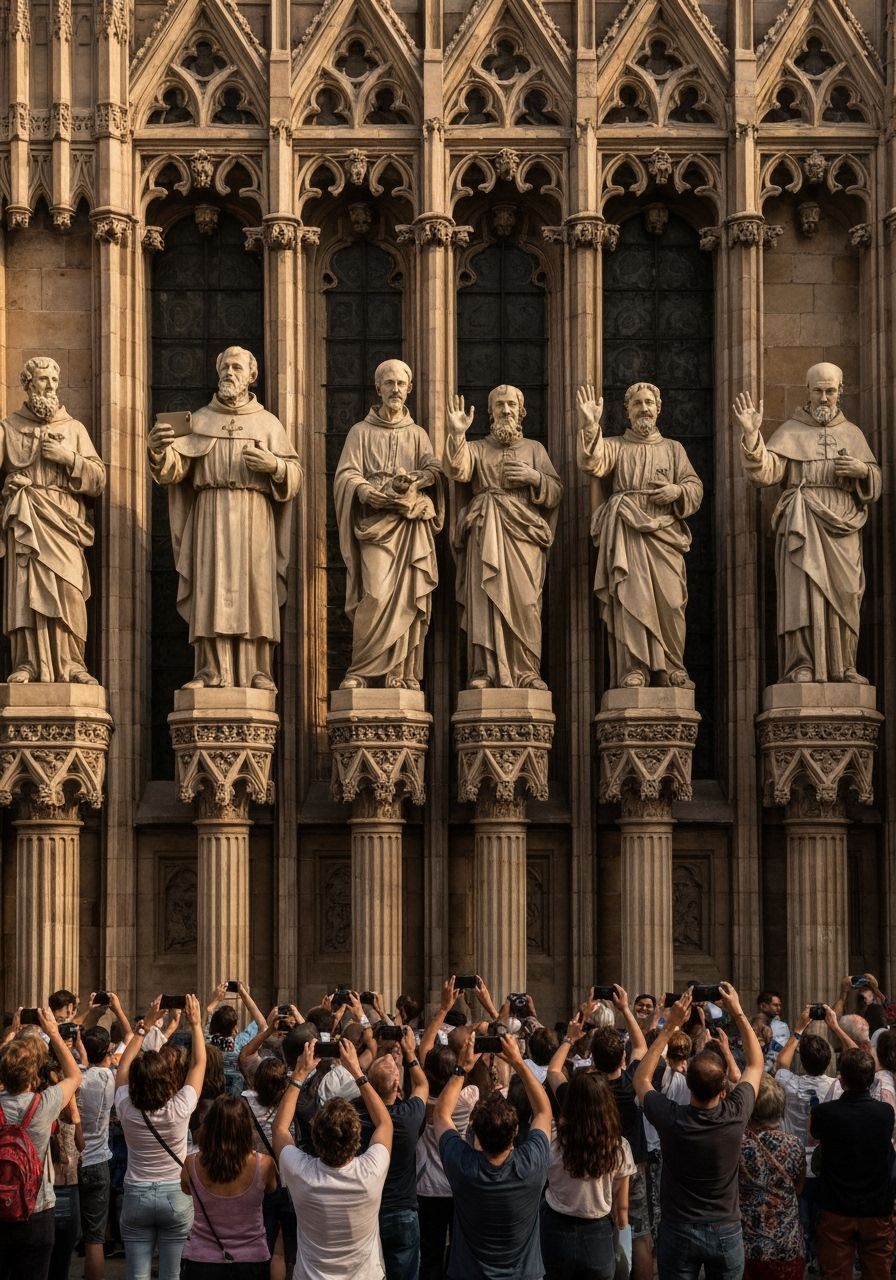 Cathedral Saints Take Selfies Amidst Golden Hour Tourists