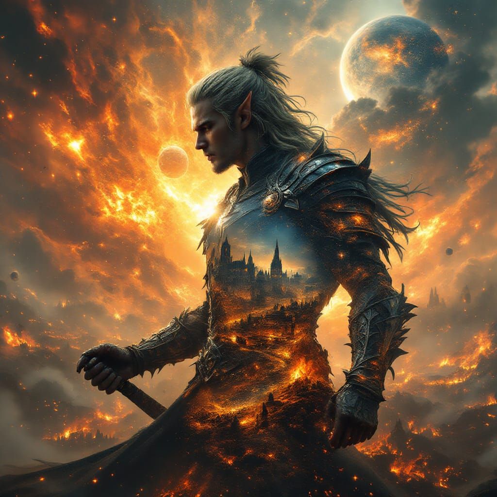 Elven Warrior Double Exposure: War-Torn Galaxy