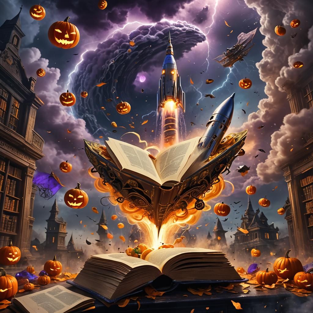 Futuristic Halloween Rocket Soaring From Ancient Book