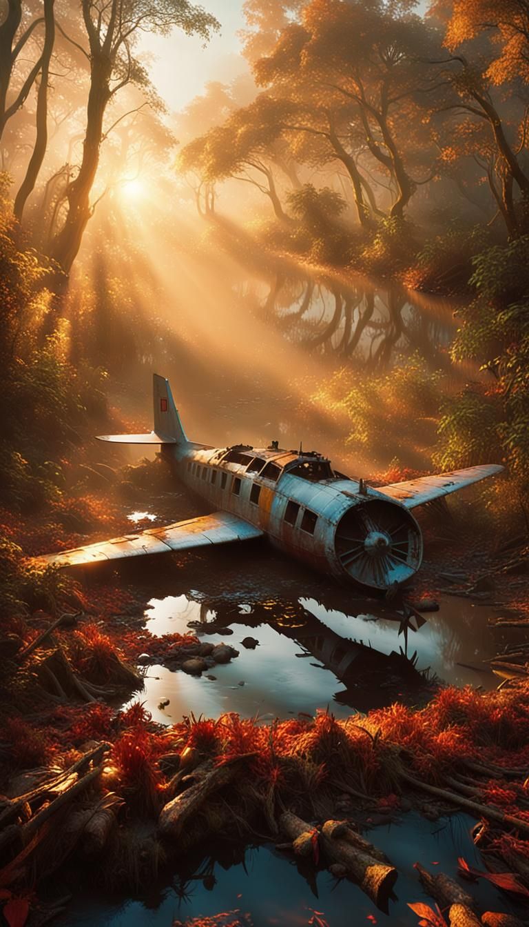 Amazonian Plane Wreckage at Dusk in Albert Bierstadt Style