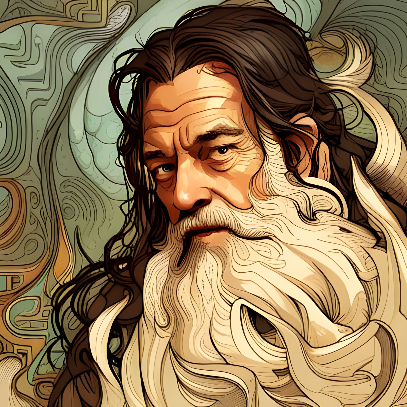 Gandalf Portrait with Golden Outlines, Digital Art