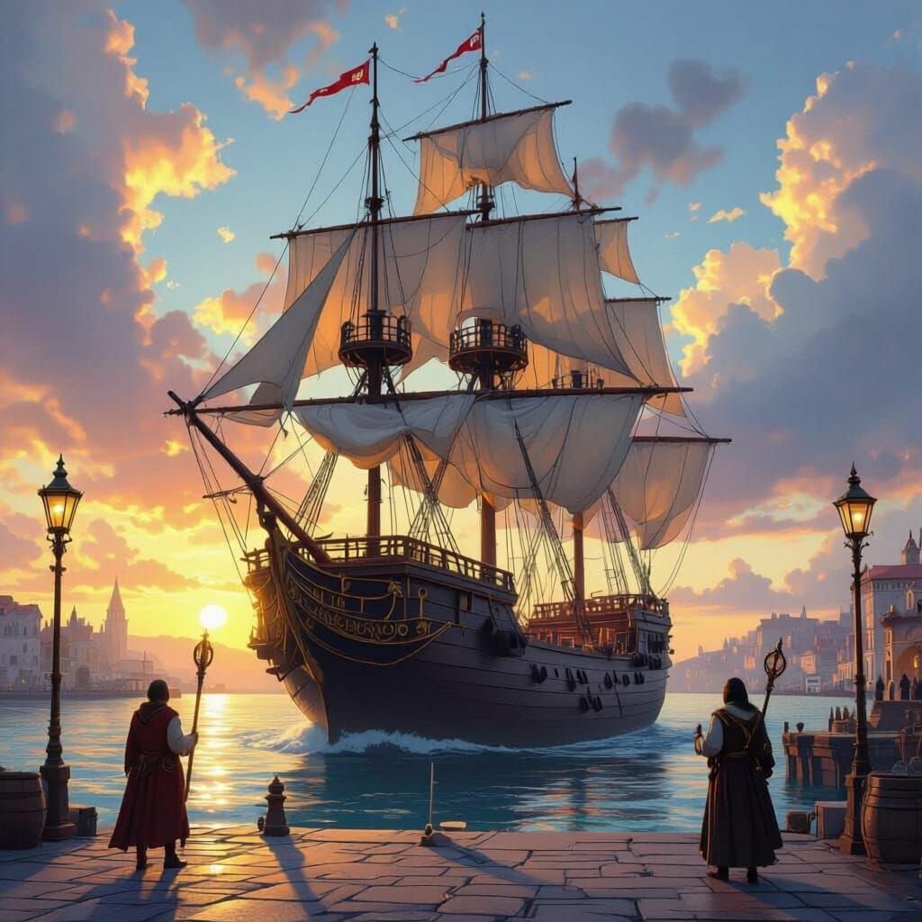 Magnificent Sailing Ship Arrives At Grand Port At Sunset