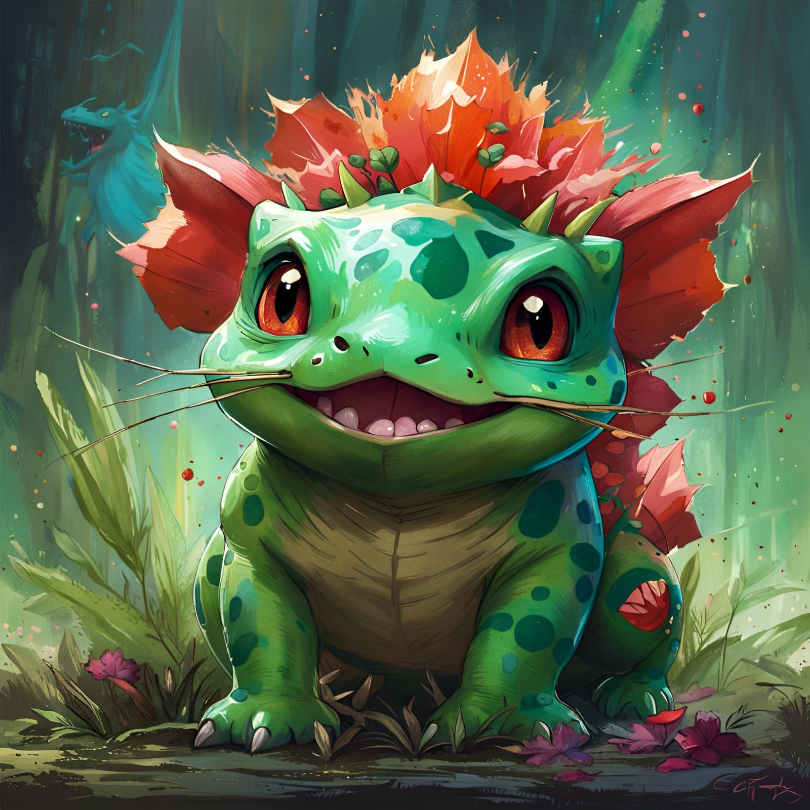 Adorable Bulbasaur Dinosaur Portrait in Pixar Style