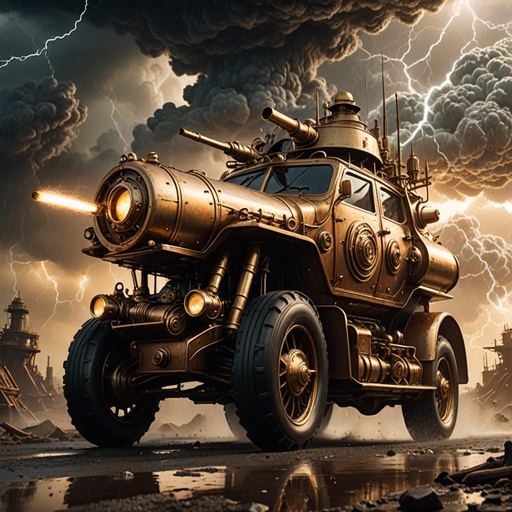 Steampunk Armoured Car Plunges into Turbulent Cyclone