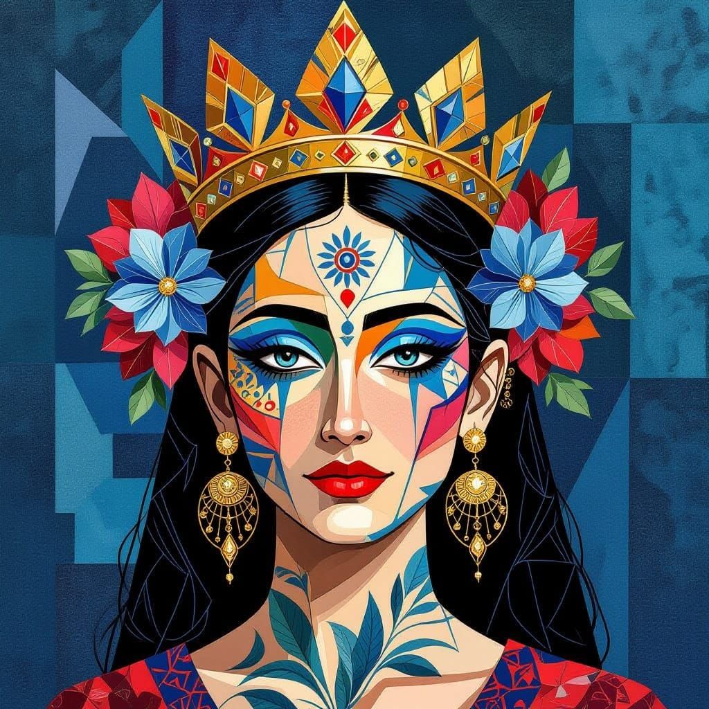 Regal Woman in Vibrant Geometric Patterns, Cubist Style