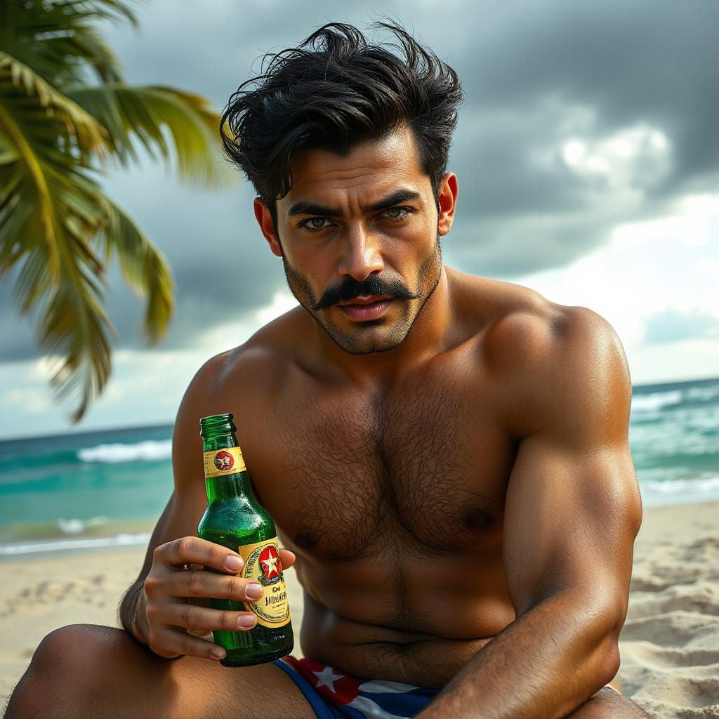 Cuban Man on Beach, Hyperrealistic Concept Art
