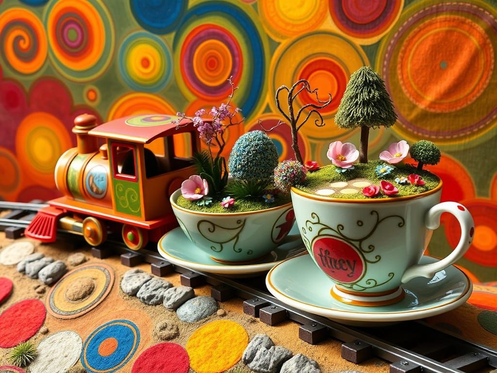 Teacups filled with miniature fairy gardens."