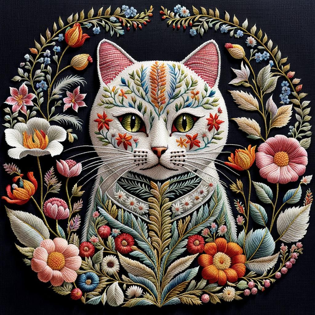Intricately Embroidered Floral Cat: 3D Digital Art