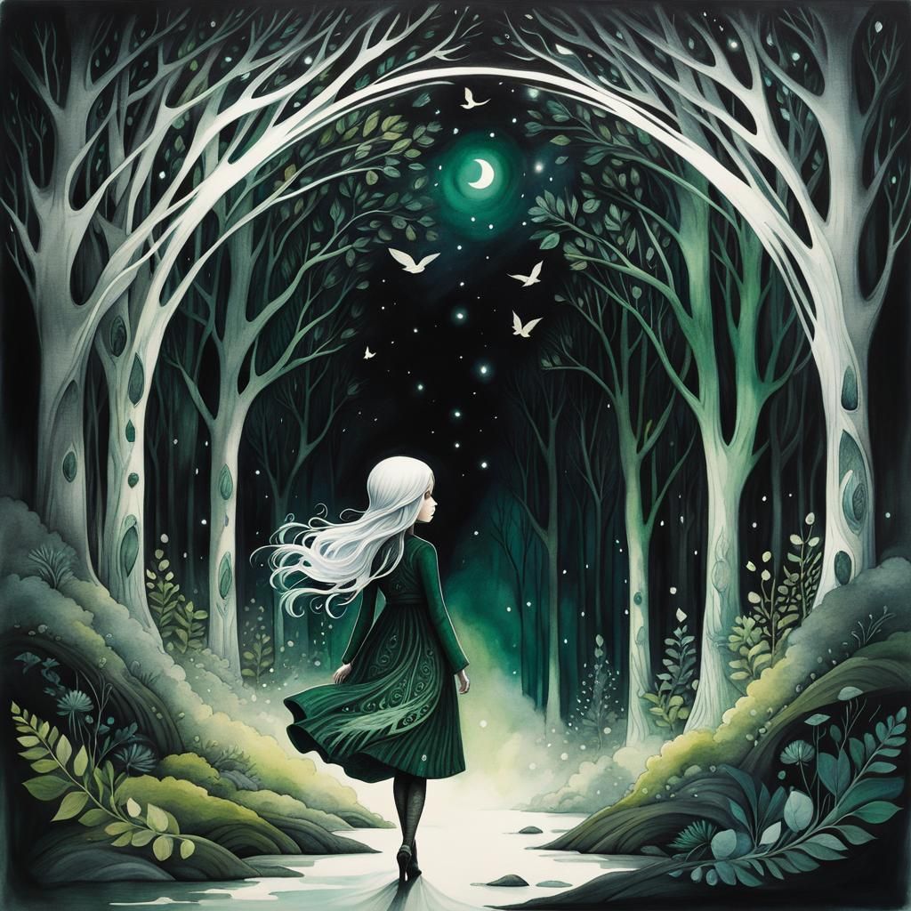Girl Walks in Dark Forest: Liquid Ink Watercolor