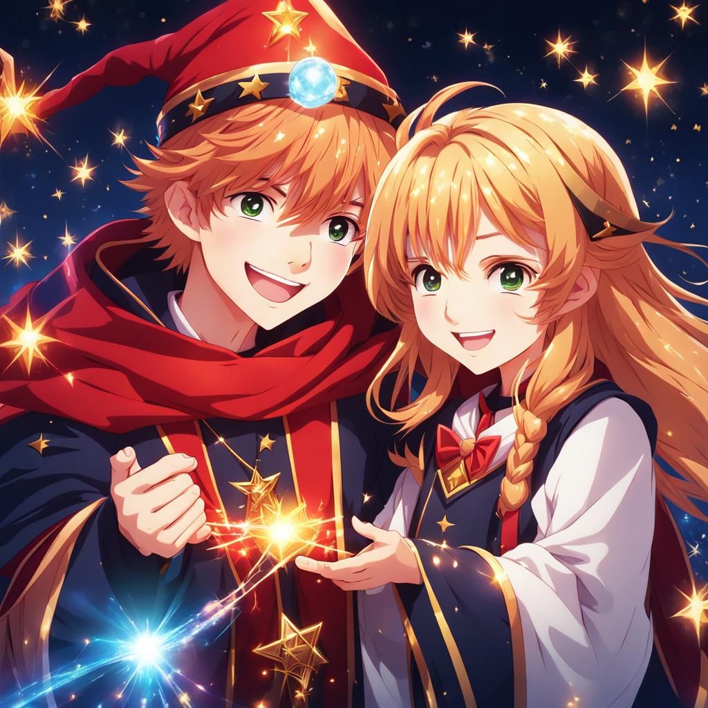 Cheerful Wizards Casting Sparkles in Anime Style