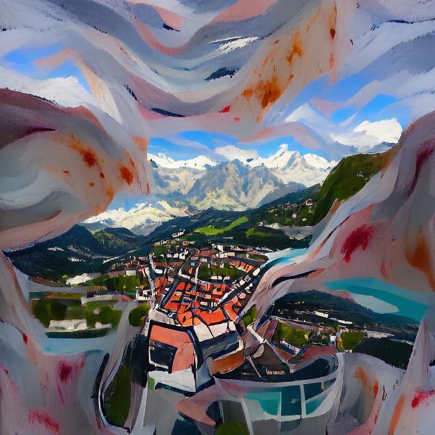 Swiss Town in Alps: Impasto Painting