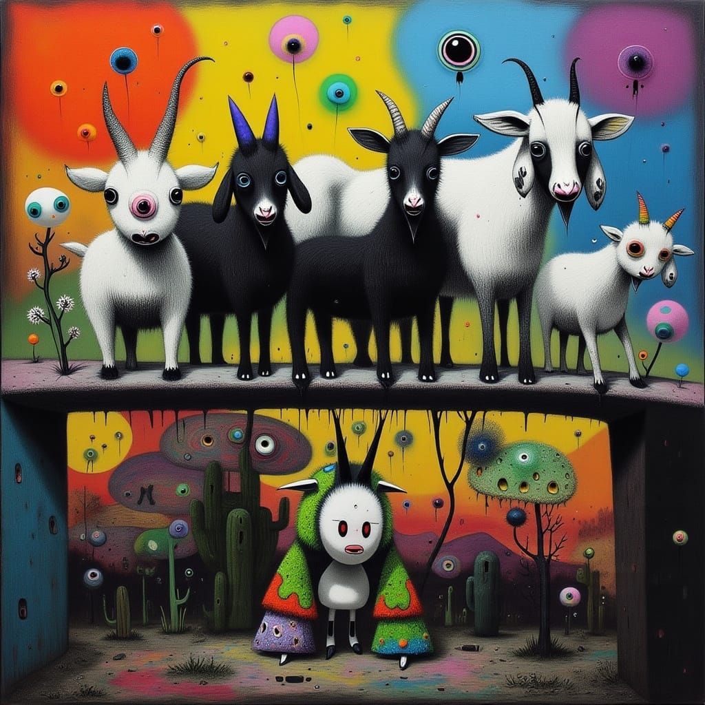 Goats, Bridge and Troll in Expressionist Oil Painting