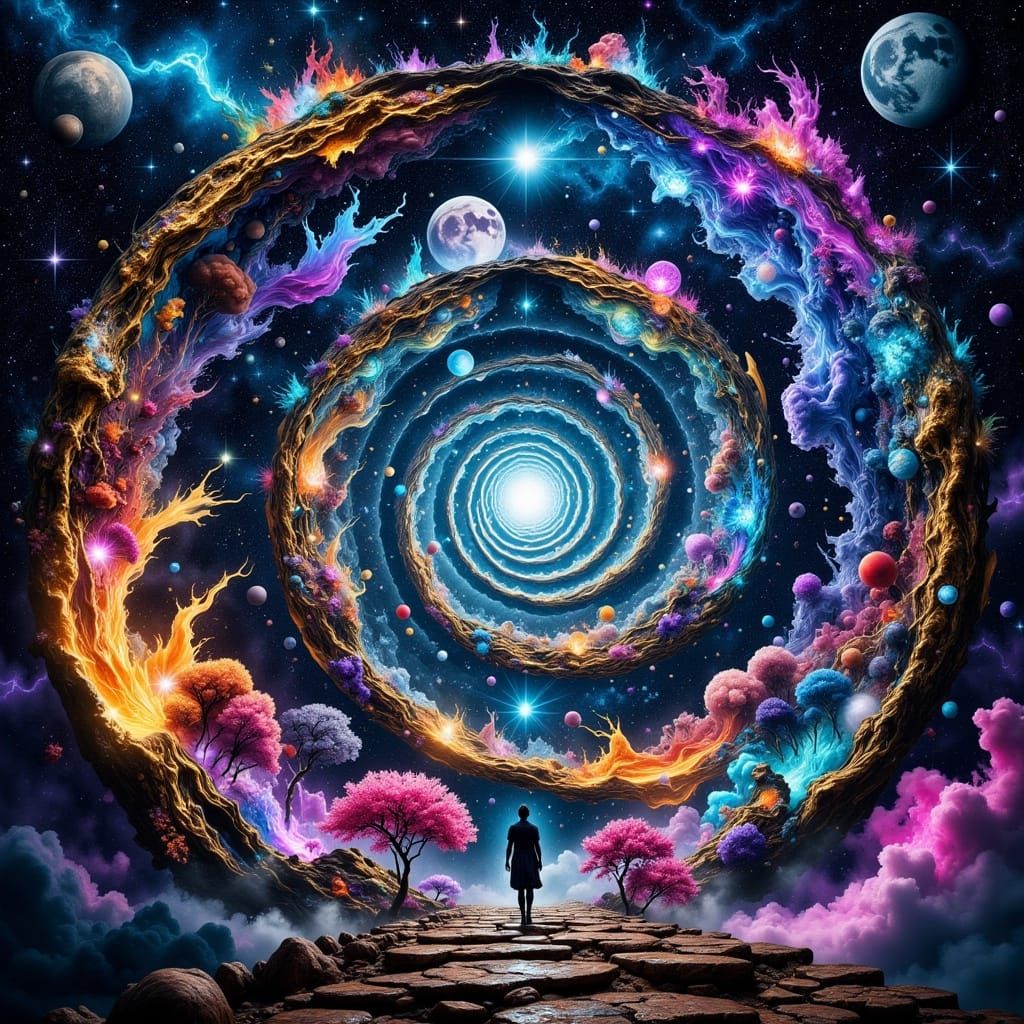 Cosmic Spiral Bridge in Vibrant Technicolor Hues