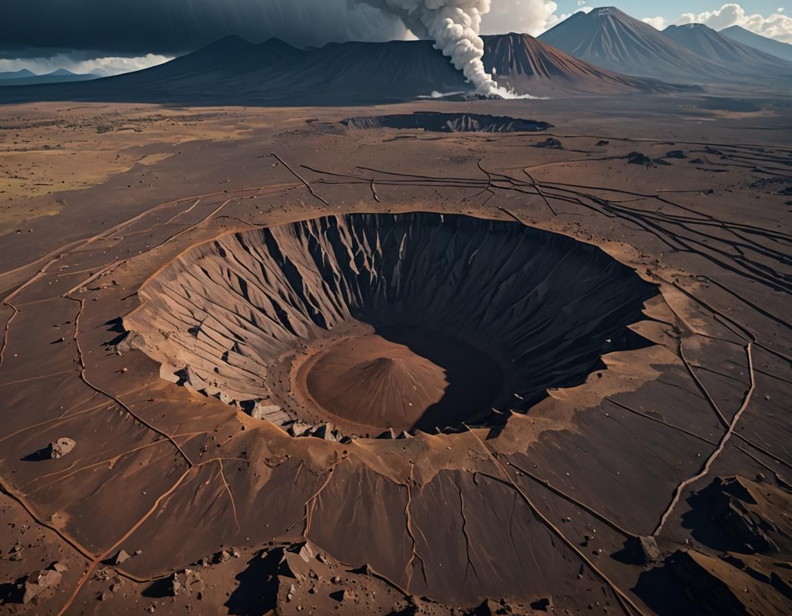 Inactive Volcano Crater with Train in Low Poly Style