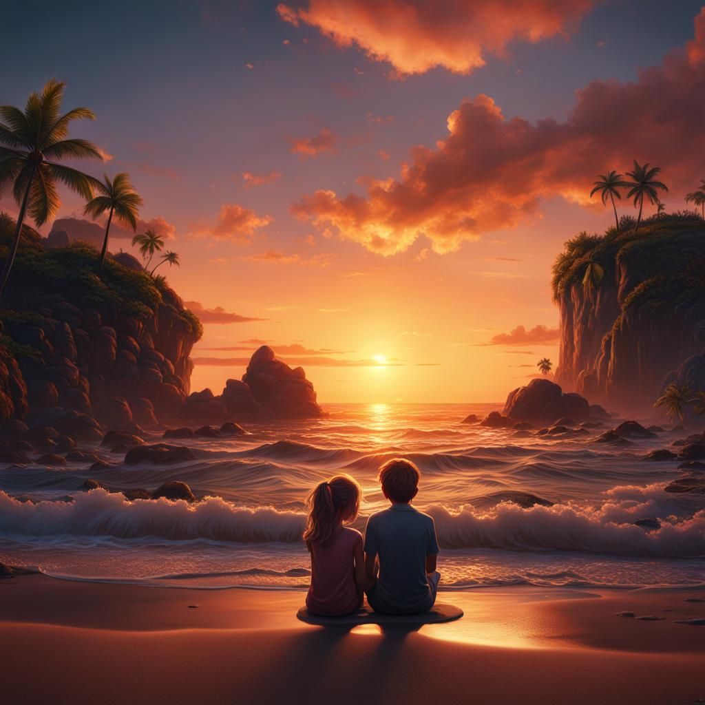 Children Watch Sunset: Fantasy Concept Art
