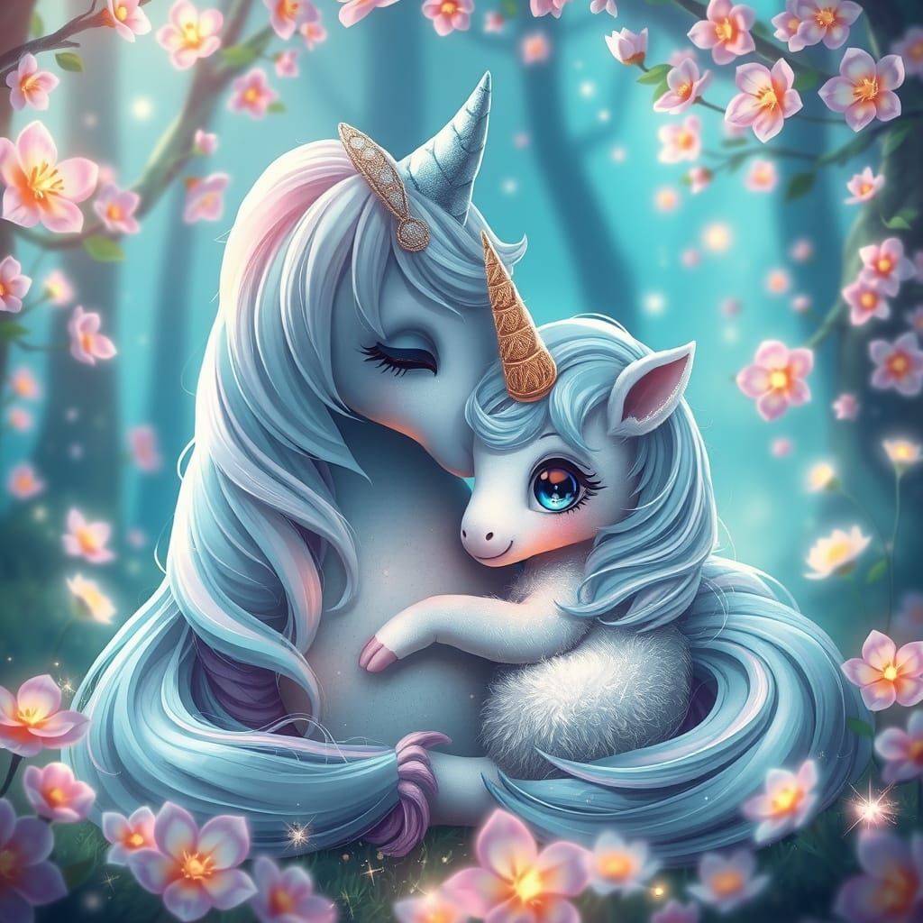 Baby Unicorn and Mother in Enchanted Forest