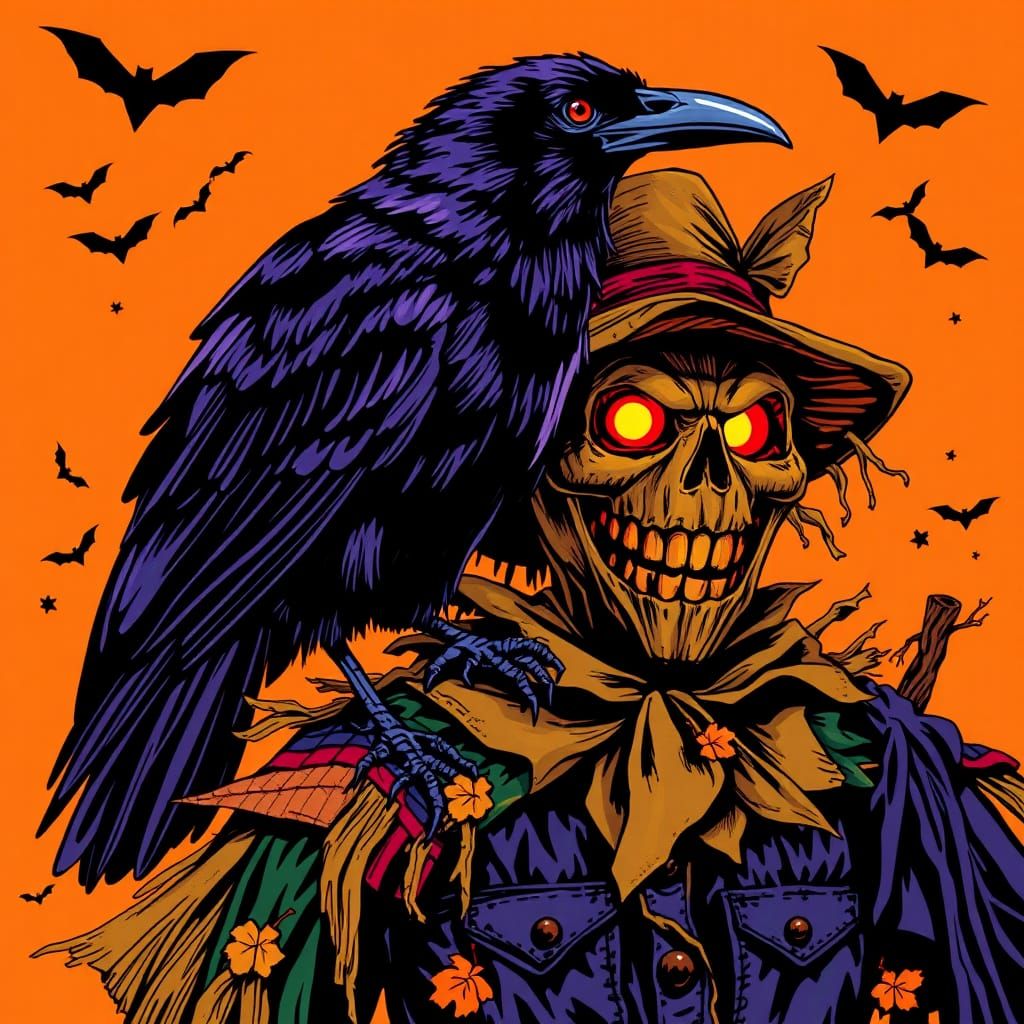 Halloween Raven and Scarecrow in Pop Art Style