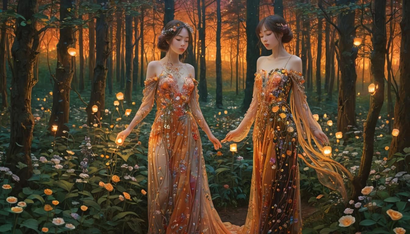 Sunset Woman in Enchanted Flower Forest