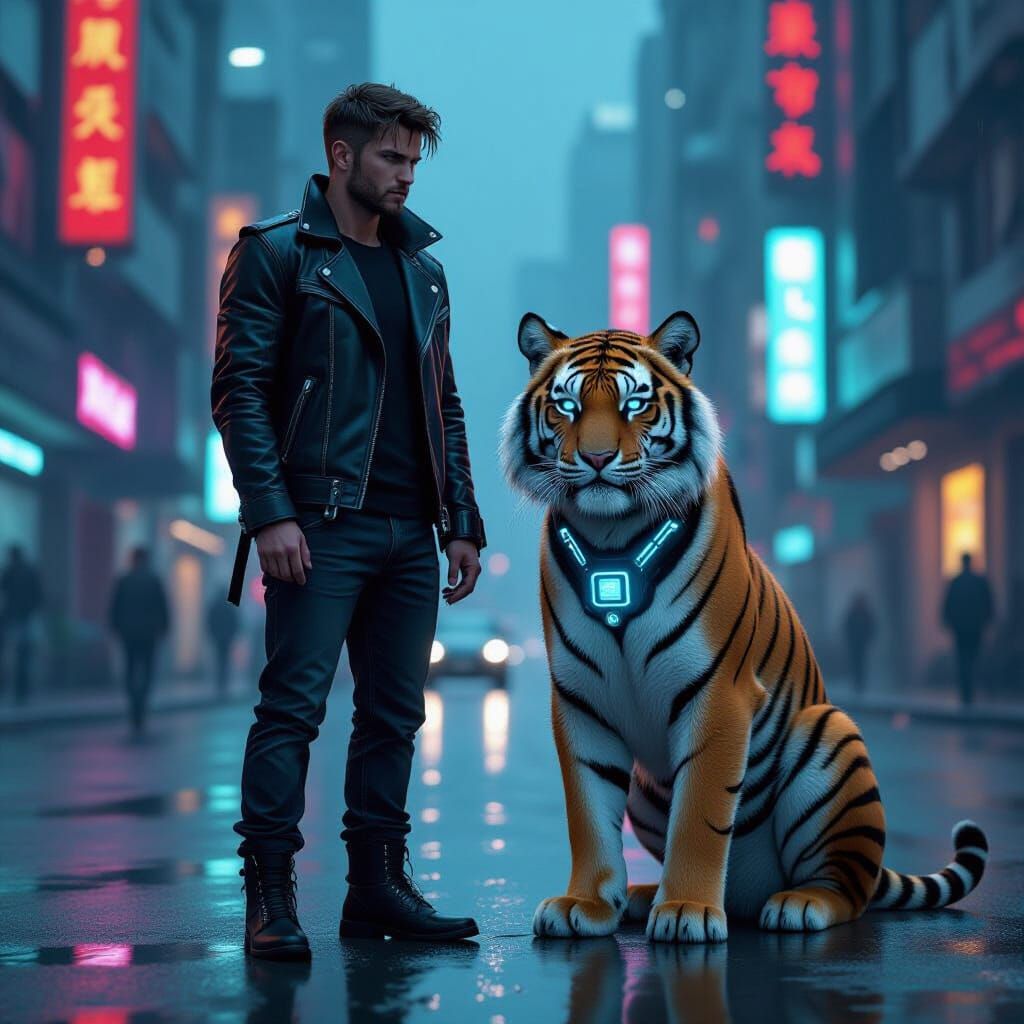 Calvin and Hobbes in Cyberpunk Cityscape