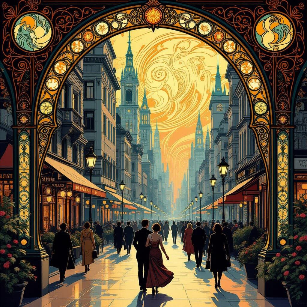 Vibrant Art Nouveau Cityscape of Endless Possibility