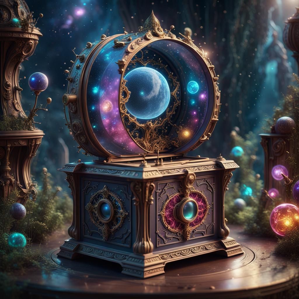 Enchanted Cosmic Music Box: Detailed Fantasy Art
