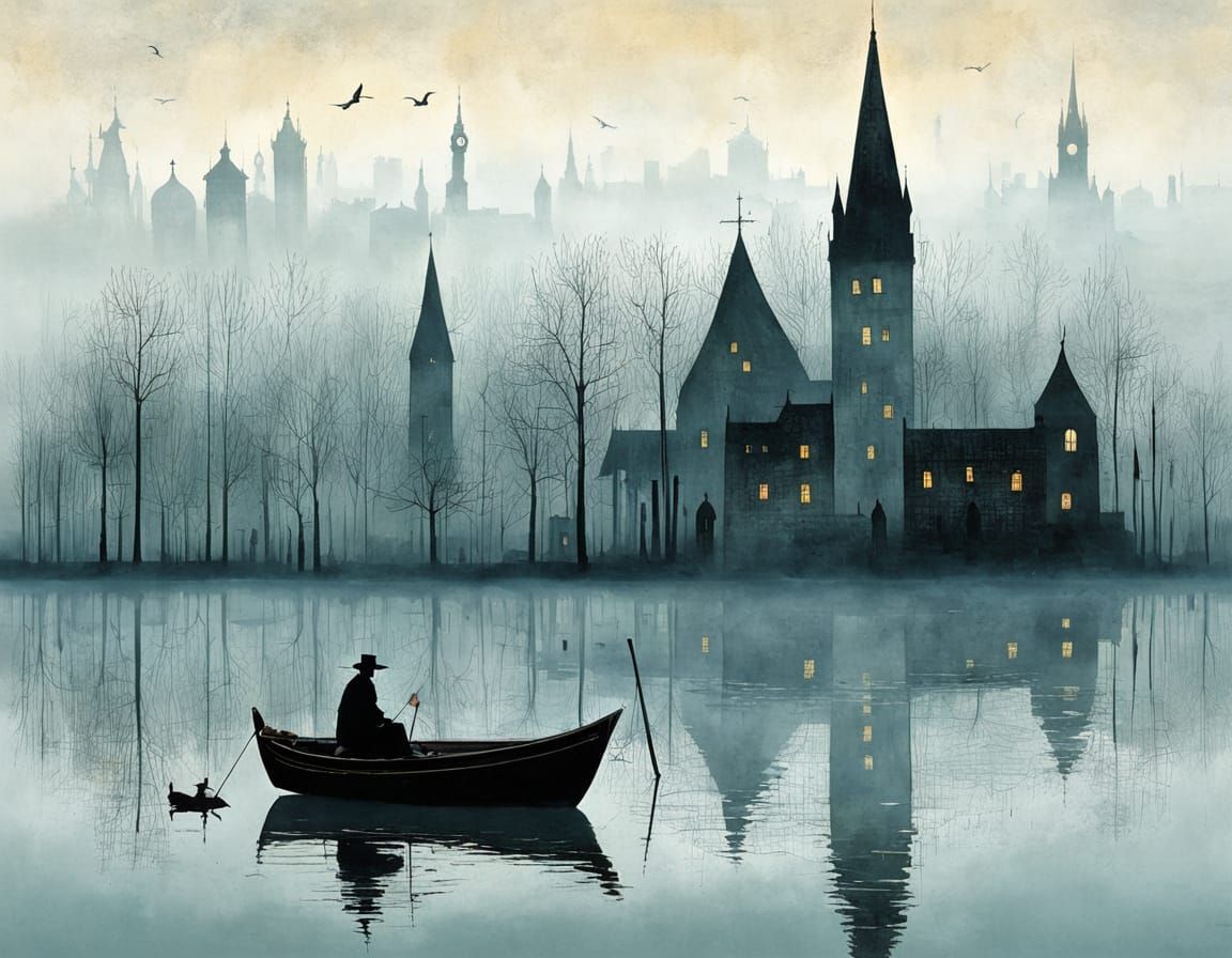 Mysterious Foggy Landscape with Whimsical Figures