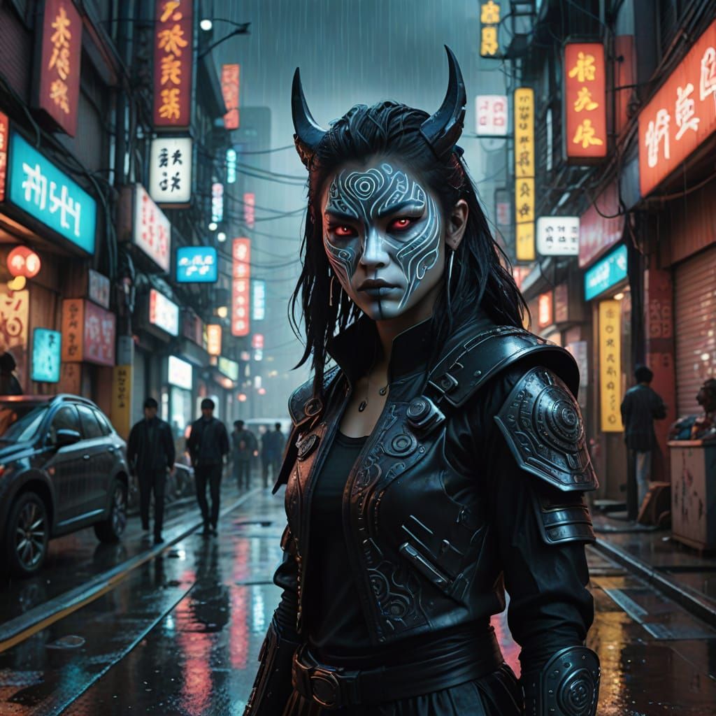 Cyberpunk Samurai Werewolf in Dystopian Neo-Tokyo