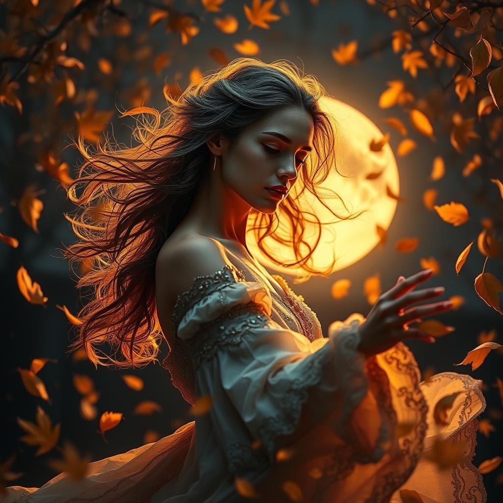 Ethereal Autumn Woman Dancing in Moonlight