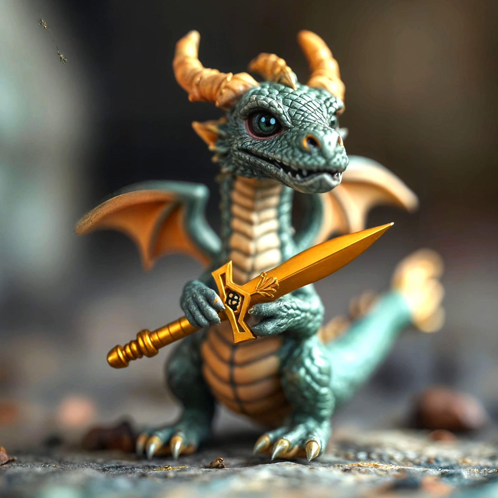 Tiny Dragon Wields Golden Sword in Miniature World