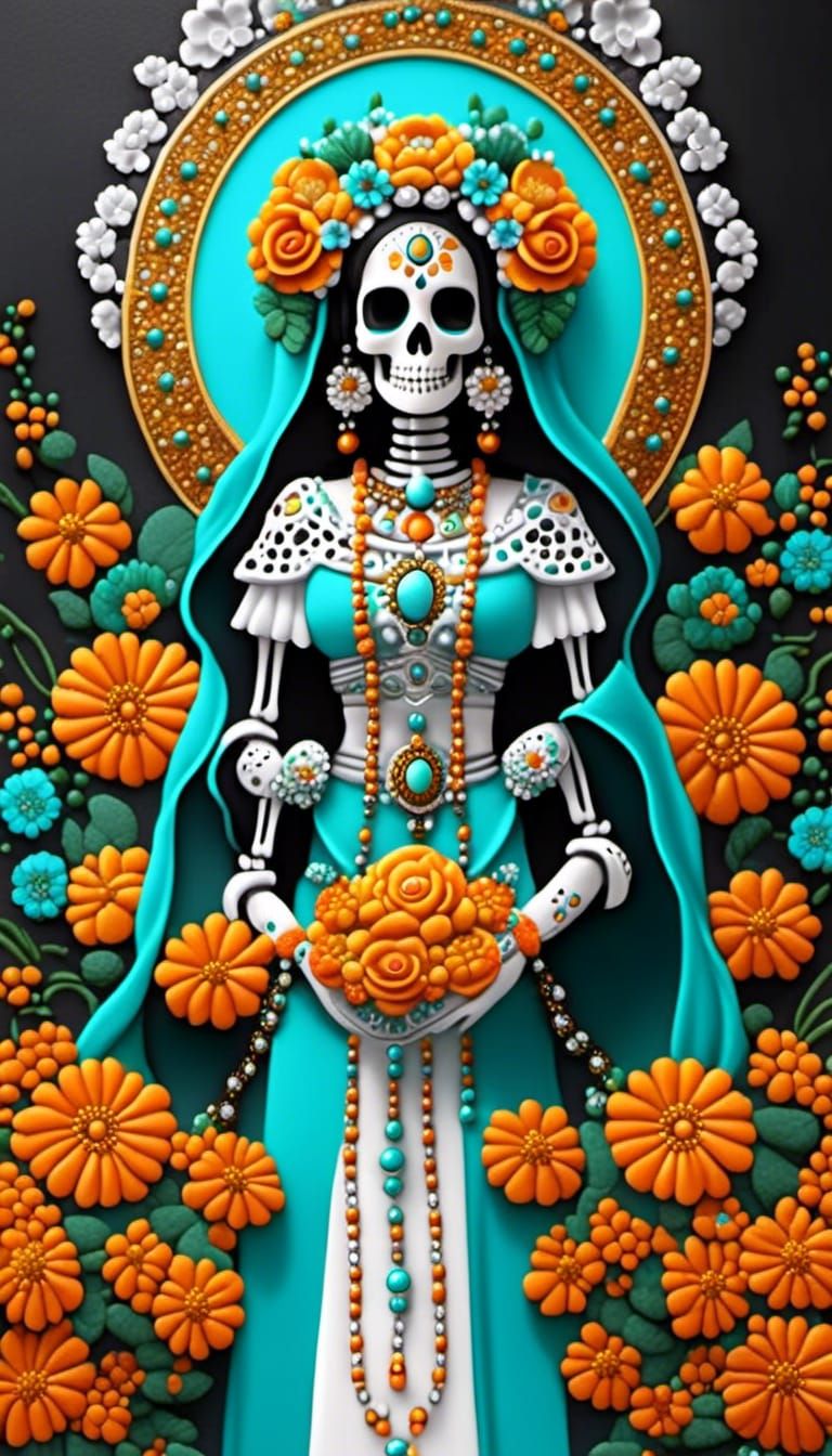 Turquoise Santa Muerte with Flowers