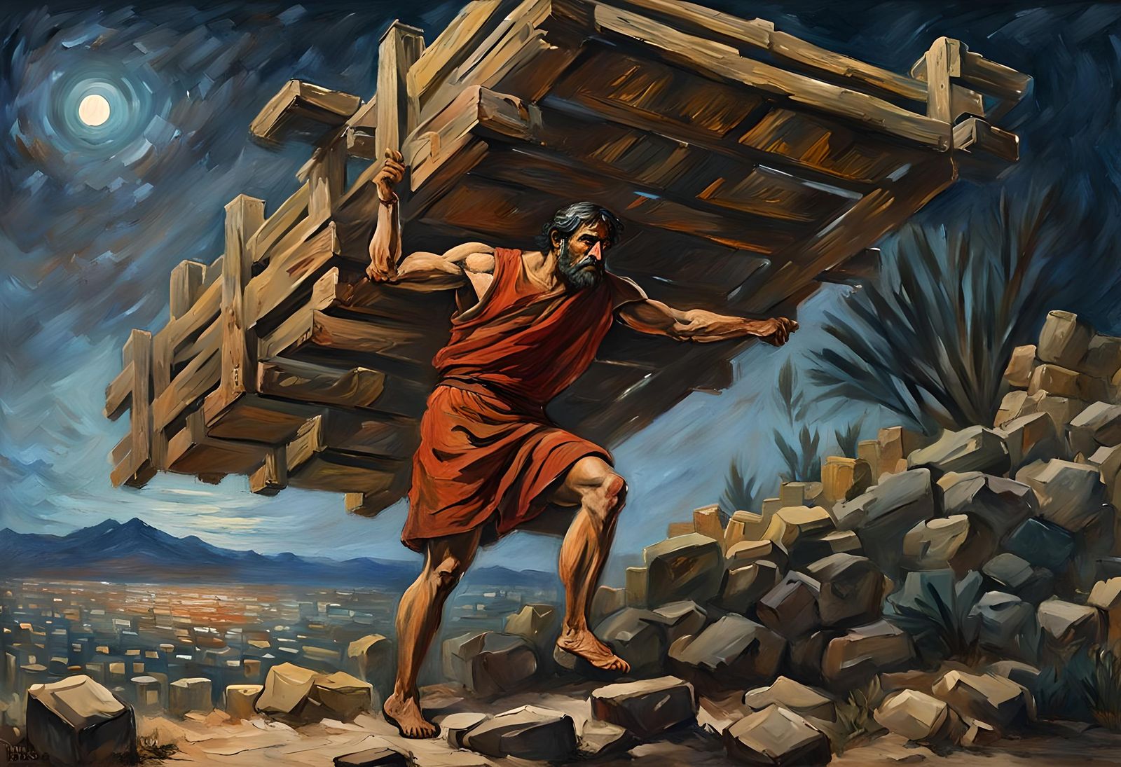 Muscular Man Carrying Gate in Ancient City