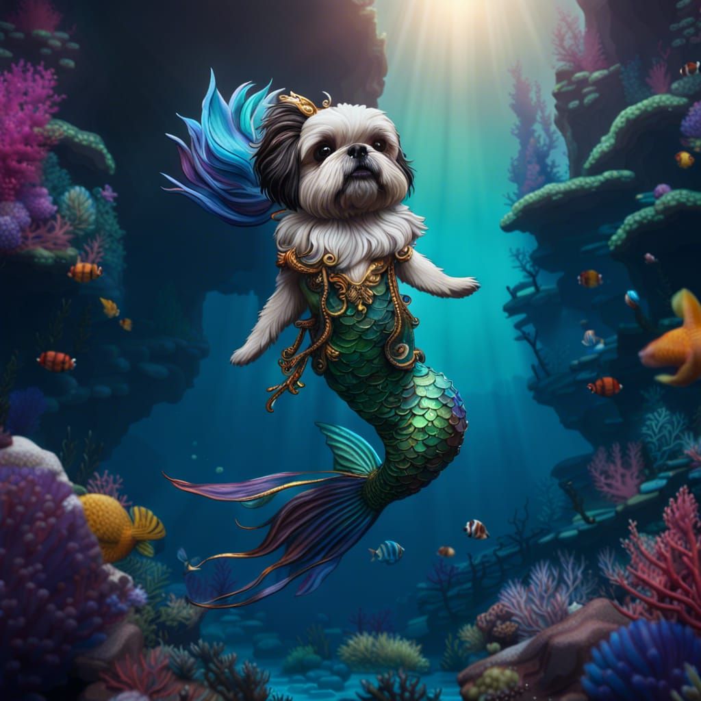 Shih Tzu Mermaid Swimming Over Coral Reef