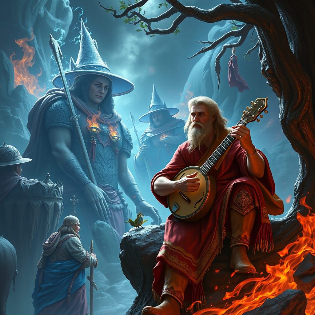 Ethereal Banjo Players in Dreamlike Landscapes