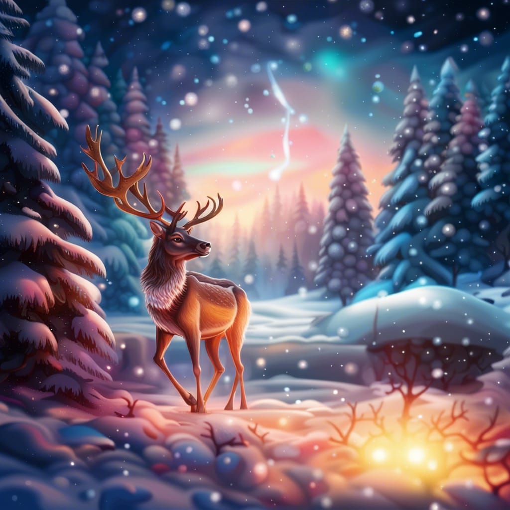 Reindeer with Ice Ornaments in Winter Forest